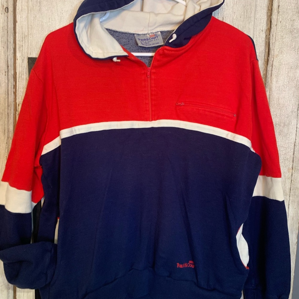 Vintage 1980s Track and Court pullover with zippers and pockets red white blue